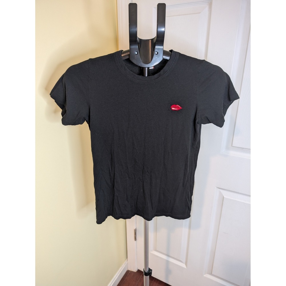 Sunday Best Aritzia T-Shirt Black Embroidered Lips Cotton Modal - Size S‎